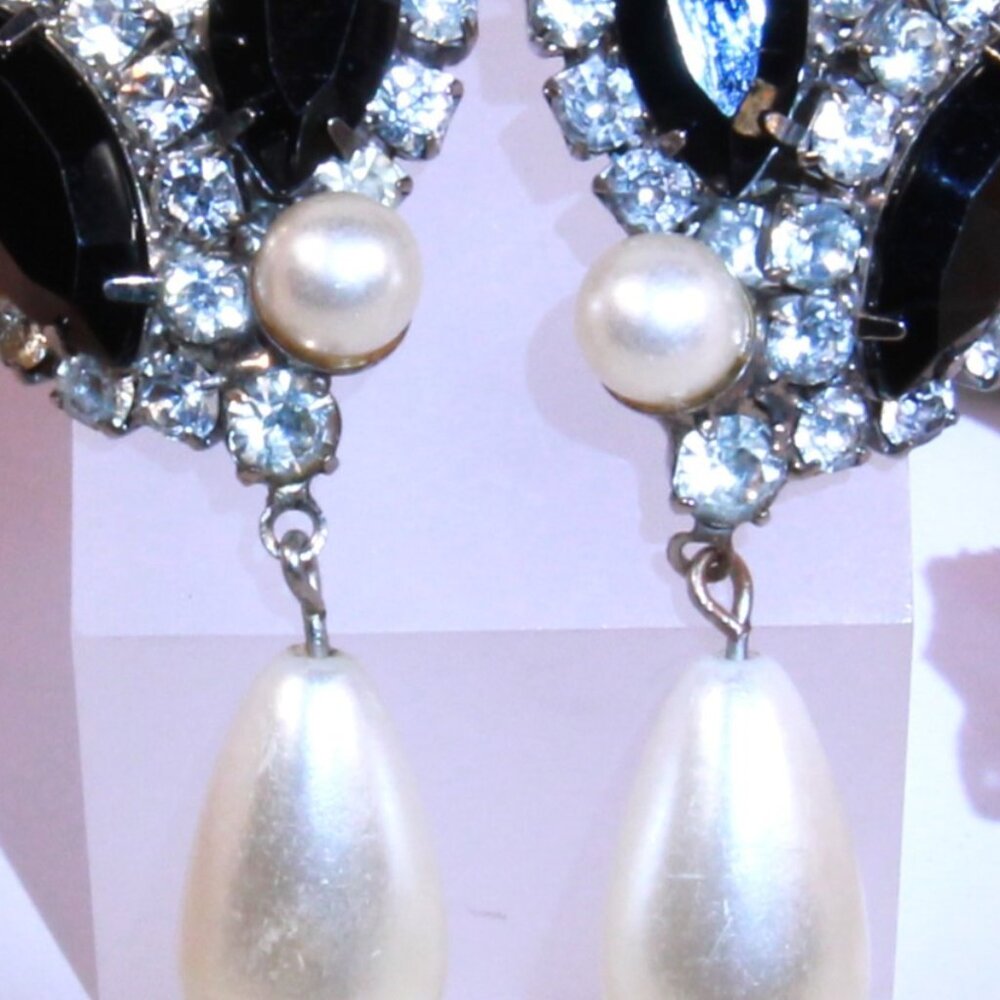 Vintage Silver-Tone Black & Clear Rhinestone Imitation Pearl Drop Earrings - Picture 4 of 8